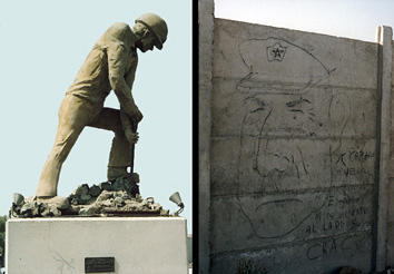 Statua del minero a Chuquicamata y la caricatura del dictator Pinochet a La Serena.